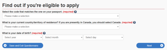 スクリーンショット：カナダのワーキングホリデーの申請資格確認画面①
