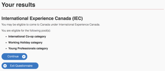スクリーンショット：カナダのワーキングホリデーの申請資格確認結果