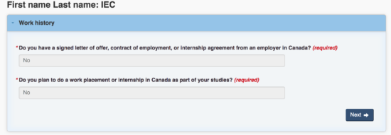 カナダワーホリ抽選登録時の職歴登録画面
