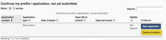 カナダのワーキングホリデービザ（Work Permit）申請開始の画面