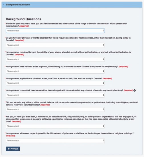 ワーキングホリデー申請者のバックグランドについての質問画面
