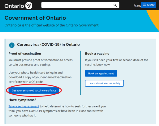 オンタリオ州政府ウェブサイトのトップページ（2021年12月時点）