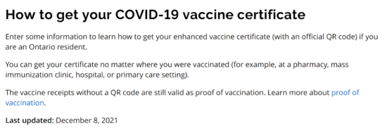 オンタリオ州政府ウェブサイトのワクチン接種質問回答（2021年12月時点）